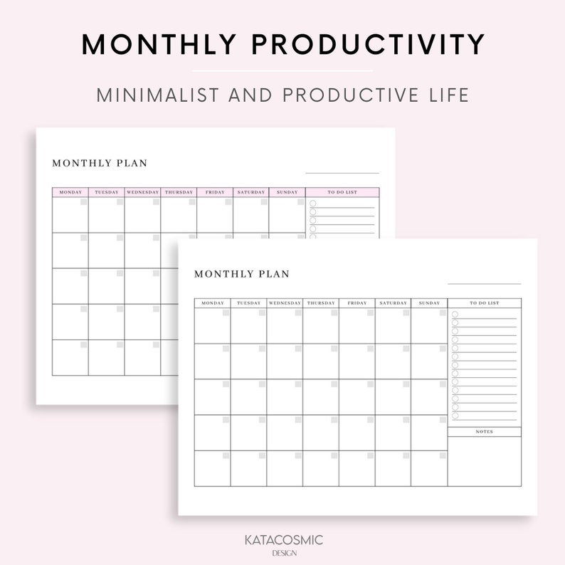 Peut inclure: Deux pages de planificateur mensuel imprimables avec un design minimaliste. Chaque page comporte une grille de calendrier avec des espaces pour chaque jour de la semaine, une liste de t&acirc;ches &agrave; faire et une section de notes. Le texte "PLANIFICATION MENSUELLE" appara&icirc;t en haut de chaque page.
