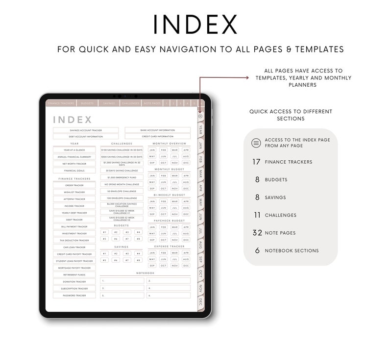May include: A digital planner index page with a list of finance trackers, budgets, savings, challenges, note pages, and notebook sections. The index page is designed for quick and easy navigation to all pages and templates.