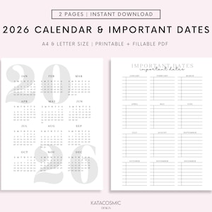 2026 Calendar and Important Dates Page Printable - Birthdays, Anniversaries, Travels, Doctor Appointments, Car Maintenance, ect, A4/Letter