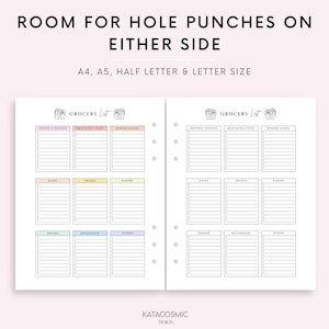 May include: Printable grocery list template with a basket icon and the text "Grocery List". The list is divided into categories: Fruits & Veggies, Meat & Sea Food, Bakery & Deli, Dairy, Frozen, Pantry, Drinks, Household, and Other. The template is designed for A4, A5, Half Letter, and Letter sizes.