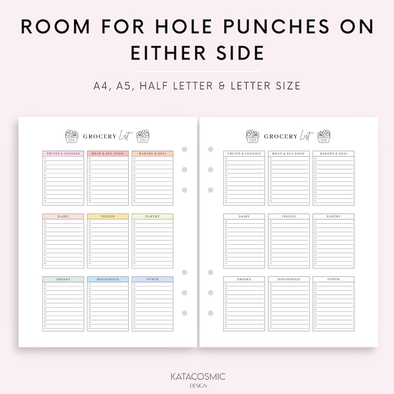 May include: Printable grocery list template with a basket icon and the text "Grocery List". The list is divided into categories: Fruits & Veggies, Meat & Sea Food, Bakery & Deli, Dairy, Frozen, Pantry, Drinks, Household, and Other. The template is designed for A4, A5, Half Letter, and Letter sizes.