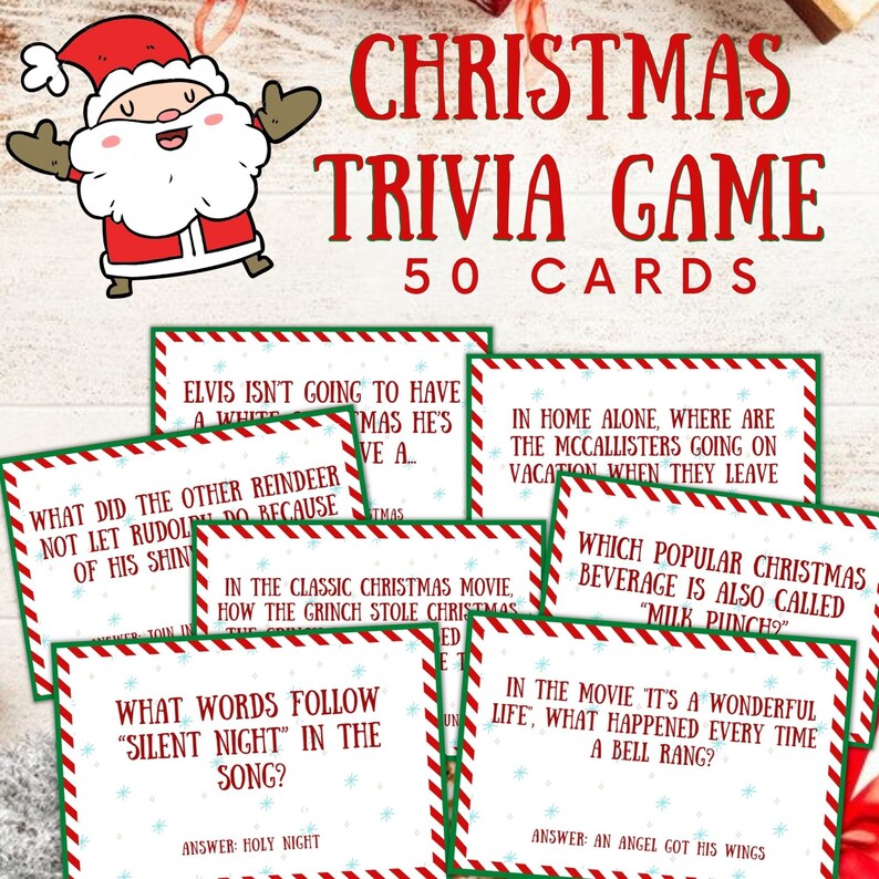 May include: A set of 50 Christmas trivia game cards featuring a cartoon Santa Claus. The cards have red and white stripes with green borders. The cards include questions like "What did the other reindeer not let Rudolph do because of his shin?" and "In the classic Christmas movie, How the Grinch Stole Christmas, what did the Grinch steal?"