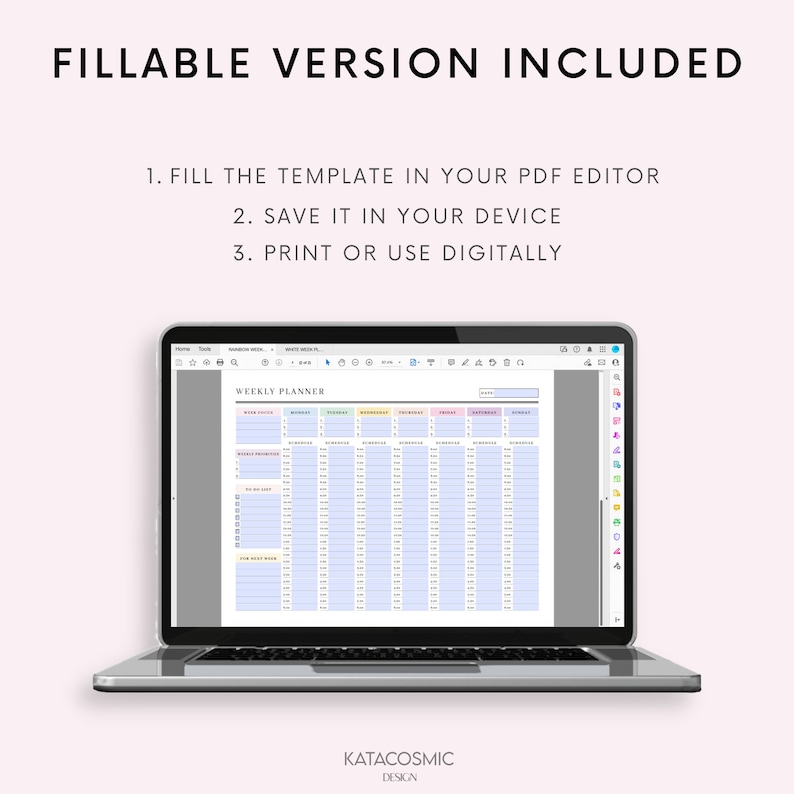 May include: A laptop computer displaying a weekly planner template. The template is a digital printable with a light blue background and colorful headings for each day of the week. The text on the screen reads "WEEKLY PLANNER".
