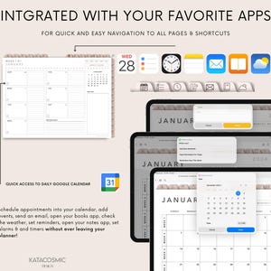 May include: Digital planner with a weekly layout, calendar, and app integration. The image shows a tablet with a digital planner interface, featuring a calendar view, and app icons. Text includes "Integrated with your favorite apps" and "Quick access to daily Google Calendar."