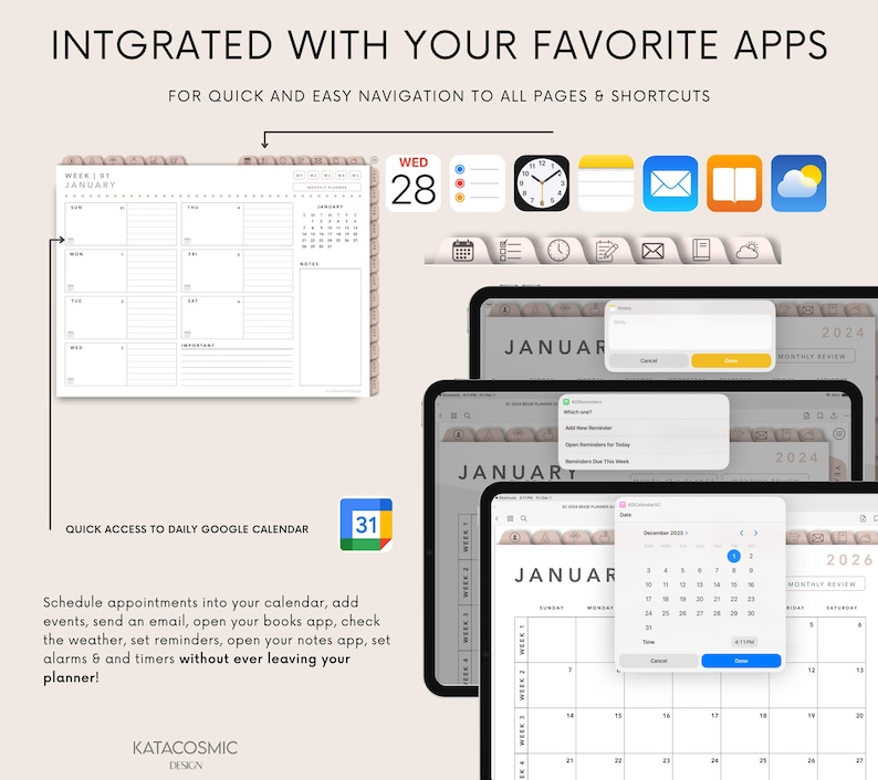 May include: Digital planner with a weekly layout, calendar, and app integration. The image shows a tablet with a digital planner interface, featuring a calendar view, and app icons. Text includes "Integrated with your favorite apps" and "Quick access to daily Google Calendar."