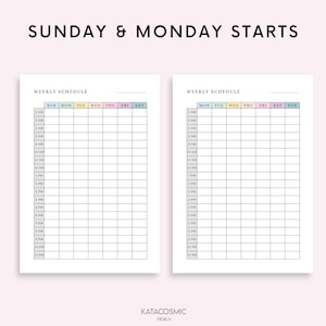 May include: A printable weekly schedule planner with a black and white grid layout. The planner has two pages, one with Sunday starting the week and the other with Monday starting the week. The days of the week are labeled in a colorful font.