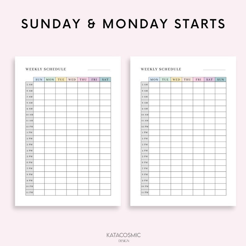 May include: A printable weekly schedule planner with a black and white grid layout. The planner has two pages, one with Sunday starting the week and the other with Monday starting the week. The days of the week are labeled in a colorful font.