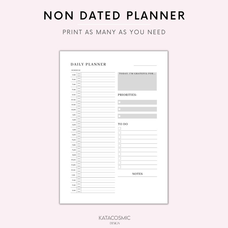 May include: A printable daily planner with sections for schedule, priorities, to do list, and notes. The planner is undated and can be used for any day of the week.