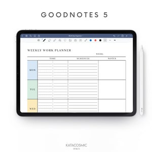 K&ouml;nnte beinhalten: Eine Vorlage f&uuml;r einen w&ouml;chentlichen Arbeitsplaner auf dem Bildschirm eines digitalen Tablets. Der Planer ist in Abschnitte f&uuml;r Zeit, Zeitplan und Notizen unterteilt. Die Wochentage sind oben aufgelistet, wobei Montag, Dienstag und Mittwoch in verschiedenen Farben hervorgehoben sind.