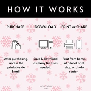 May include: A graphic showing how to purchase, download, and print or share a digital printable. The graphic features a shopping bag, a computer, a printer, and a smartphone.