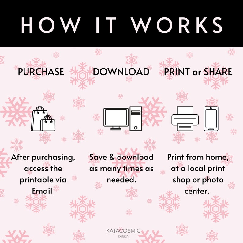May include: A graphic showing how to purchase, download, and print or share a digital printable. The graphic features a shopping bag, a computer, a printer, and a smartphone.