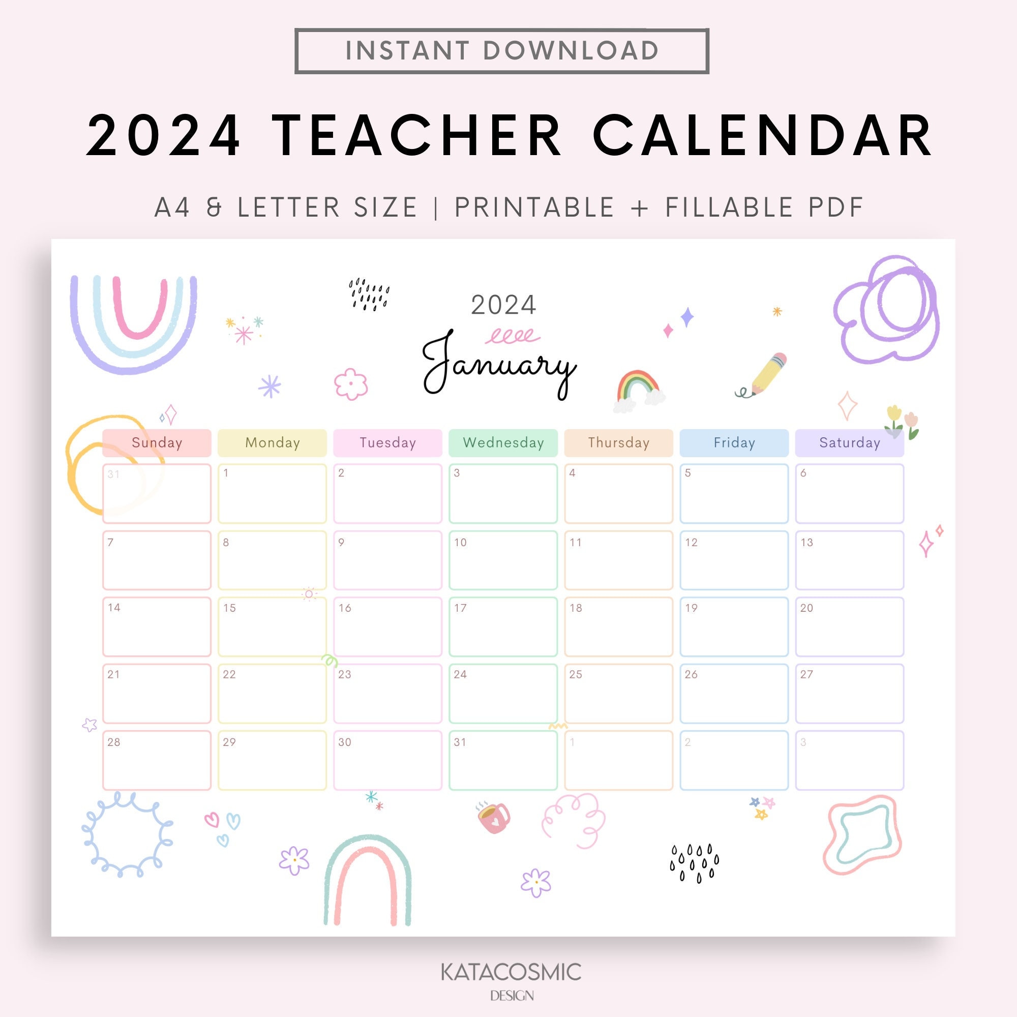 Editable Teacher Calendar 2024, Calendar School Teacher, Wall Calendar 24,  Kids 12 Month, Planner, Digital, Calendar Pdf 2024, Download - Etsy