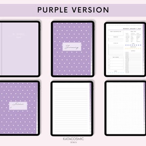 Puede incluir: Planificador digital morado con patr&oacute;n de lunares. El planificador incluye una p&aacute;gina de portada, un calendario mensual, un planificador semanal, p&aacute;ginas de notas rayadas y una p&aacute;gina de cuadr&iacute;cula punteada. El texto "My Journal 2024" y "January" es visible en la p&aacute;gina de portada.