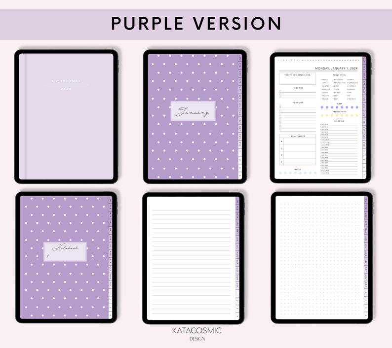 Puede incluir: Planificador digital morado con patr&oacute;n de lunares. El planificador incluye una p&aacute;gina de portada, un calendario mensual, un planificador semanal, p&aacute;ginas de notas rayadas y una p&aacute;gina de cuadr&iacute;cula punteada. El texto "My Journal 2024" y "January" es visible en la p&aacute;gina de portada.