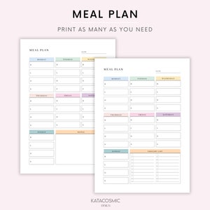 May include: Printable meal planner with a colorful design. The planner includes a weekly meal plan with sections for breakfast, lunch, and dinner, as well as a grocery list.