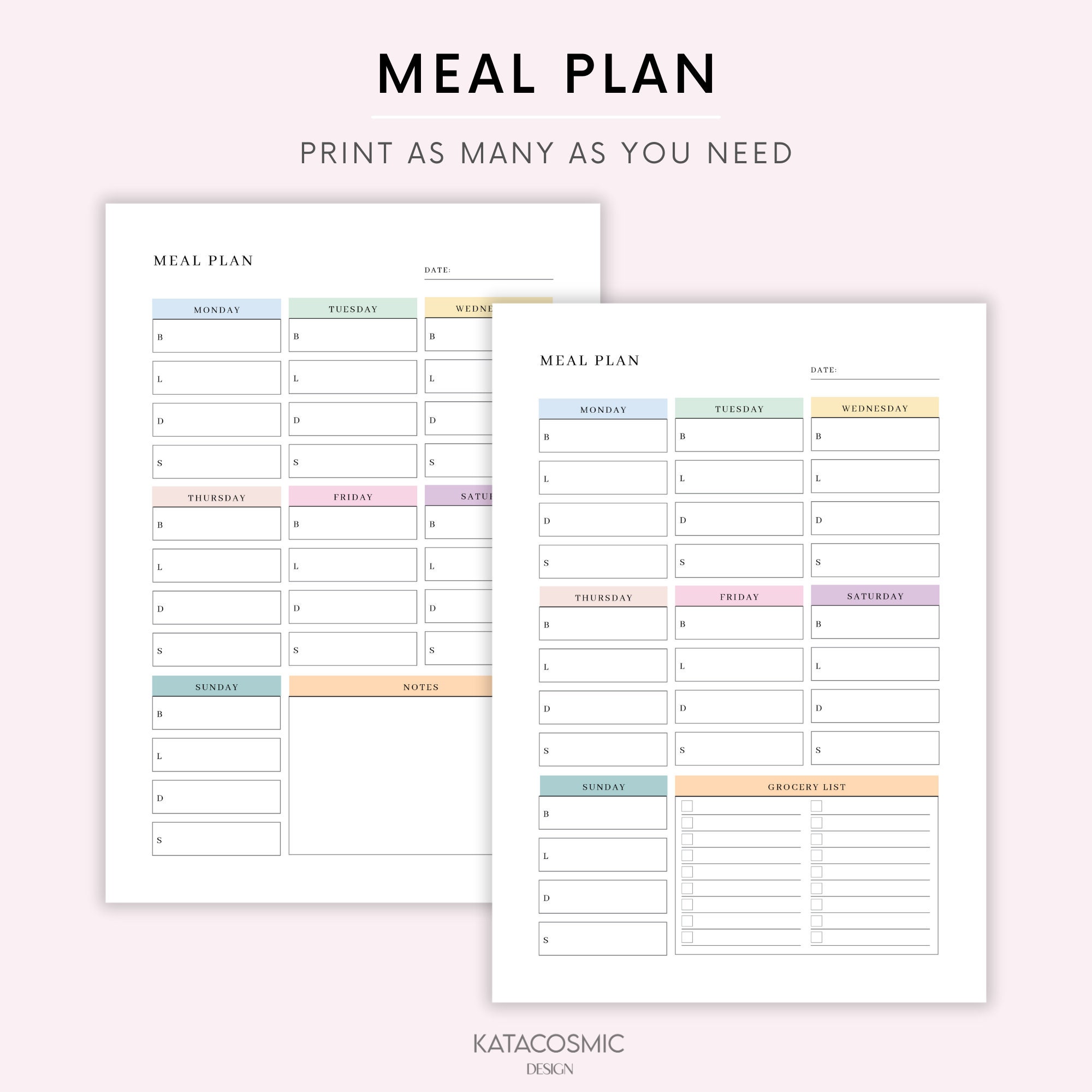 Weekly Meal Planner With Grocery List Printable Template, 7 Day Menu ...