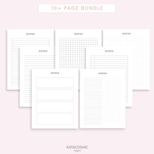 May include: A set of printable planner pages with different layouts, including lined, grid, and dot grid. The pages are labeled "NOTES" and are part of a 10+ page bundle.