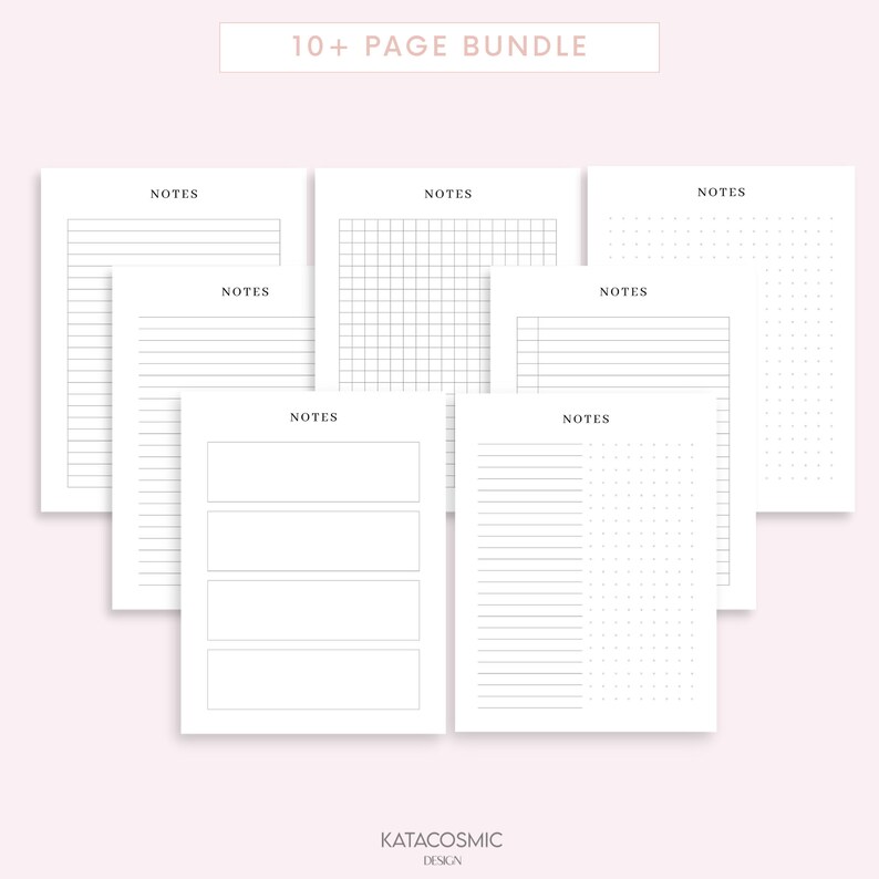 May include: A set of printable planner pages with different layouts, including lined, grid, and dot grid. The pages are labeled "NOTES" and are part of a 10+ page bundle.