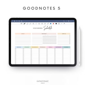 May include: A digital cleaning schedule template for Goodnotes 5. The template includes sections for daily, monthly, and annual tasks. The weekly section includes a checklist for each day of the week: Monday, Tuesday, Wednesday, Thursday, Friday, Saturday, and Sunday.