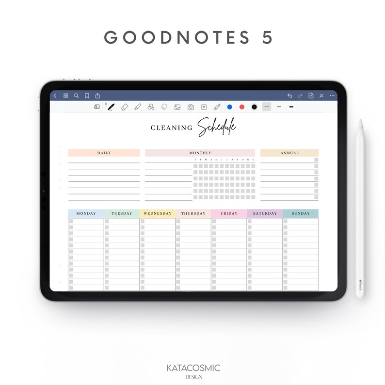 May include: A digital cleaning schedule template for Goodnotes 5. The template includes sections for daily, monthly, and annual tasks. The weekly section includes a checklist for each day of the week: Monday, Tuesday, Wednesday, Thursday, Friday, Saturday, and Sunday.