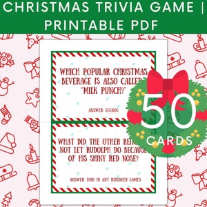 May include: A printable Christmas trivia game with 50 cards. Each card features a Christmas-themed question and answer. The cards are decorated with a red and green striped border and a festive wreath.