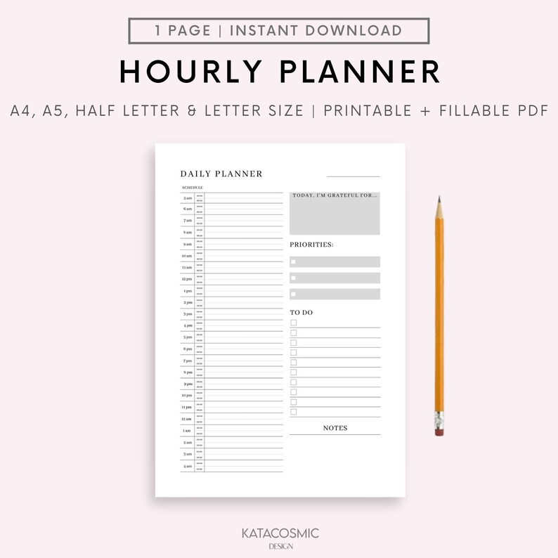 May include: A black and white printable daily planner with hourly time slots from 5:00 AM to 1:00 AM. The planner includes sections for "Today, I'm grateful for...", "Priorities", "To Do", and "Notes".