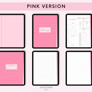 Puede incluir: Una plantilla de planificador digital con un patr&oacute;n de lunares rosa. La plantilla incluye un calendario, un planificador diario, un rastreador de comidas y una secci&oacute;n de notas. La plantilla est&aacute; dise&ntilde;ada para usarse en una tableta o iPad.