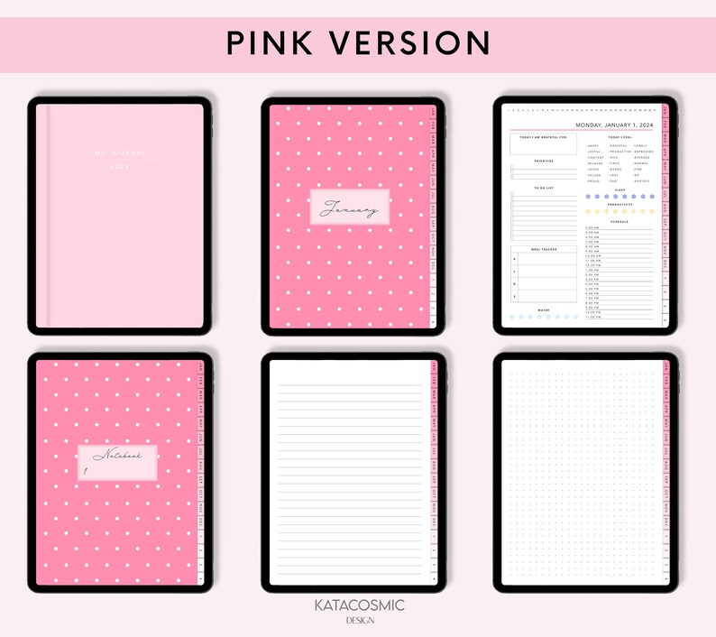 Puede incluir: Una plantilla de planificador digital con un patr&oacute;n de lunares rosa. La plantilla incluye un calendario, un planificador diario, un rastreador de comidas y una secci&oacute;n de notas. La plantilla est&aacute; dise&ntilde;ada para usarse en una tableta o iPad.