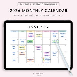 May include: A digital 2026 monthly calendar displayed on a tablet. The calendar is white with pastel-colored highlights and includes the text "2026 MONTHLY CALENDAR" and "JANUARY". A stylus rests on the screen.