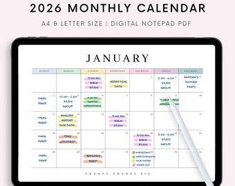 Digitaler 2026 Monatskalender für Goodnotes, Schreibtischkalender, Minimalistischer Kalender, 1 Seite Notizblock, iPad Jahreskalender Vorlage, Montag Start