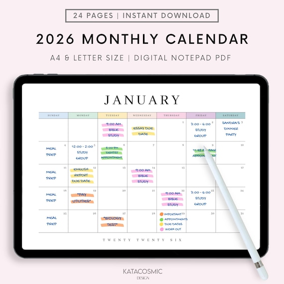 Digital 2026 Monthly Calendar for Goodnotes, Desk Calendar, Minimalist Calendar, 1 Page Notepad, iPad Year Calendar Template, Monday Start