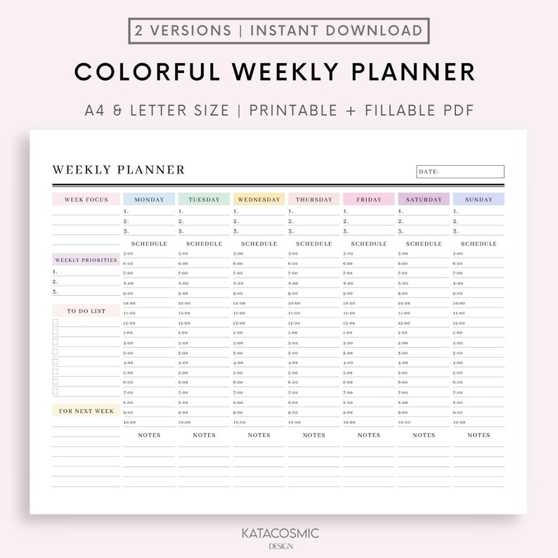 May include: A printable weekly planner with colorful tabs for each day of the week. The planner includes sections for week focus, weekly priorities, to do list, for next week, and notes. The planner is available in A4 and letter size.