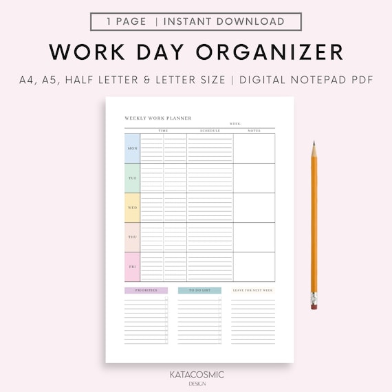 Weekly Work Planner Printable, Hourly and Schedule Plan Template, Week Work Day Organizer, Ring Binder, A5 Inserts, PDF Instant Download