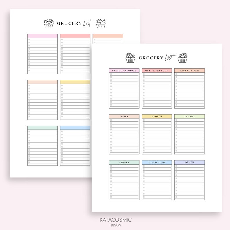 May include: Printable grocery list template with a basket icon and the text "GROCERY List". The template is divided into sections for fruits and veggies, meat and seafood, bakery and deli, dairy, frozen, pantry, drinks, household, and other.