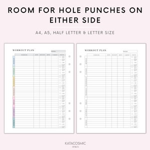 May include: Printable workout planner with two pages, each with a weekly workout plan. The planner includes columns for exercise, sets, weight, reps, cardio, and focus. The pages are designed for hole punches on either side.