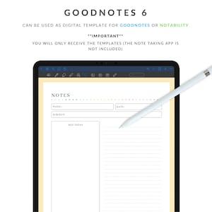 Peut inclure: Un mod&egrave;le num&eacute;rique pour les applications de prise de notes GoodNotes ou Notability. Le mod&egrave;le pr&eacute;sente un fond jaune avec une section lign&eacute;e blanche pour les notes, une section de sujet, une section de sujet, une section d'id&eacute;es cl&eacute;s et une section de date. Le mod&egrave;le a une ligne pointill&eacute;e arc-en-ciel en haut.