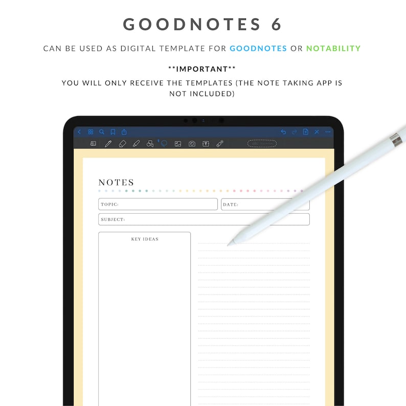 Peut inclure: Un mod&egrave;le num&eacute;rique pour les applications de prise de notes GoodNotes ou Notability. Le mod&egrave;le pr&eacute;sente un fond jaune avec une section lign&eacute;e blanche pour les notes, une section de sujet, une section de sujet, une section d'id&eacute;es cl&eacute;s et une section de date. Le mod&egrave;le a une ligne pointill&eacute;e arc-en-ciel en haut.