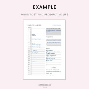 May include: A daily planner with a minimalist design. The planner includes sections for scheduling, priorities, to-do lists, and notes. The planner is dated March 11th, 2023.