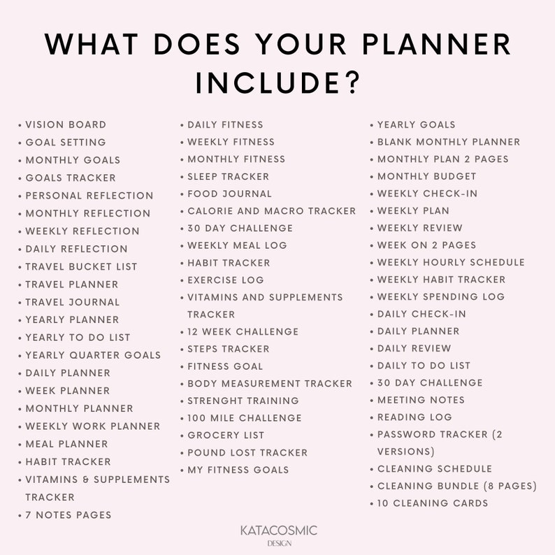Op de afbeelding: Een witte en zwarte grafiek met de tekst "What Does Your Planner Include?" en een lijst met planner-items, waaronder een vision board, doelstelling, maandelijkse doelen, persoonlijke reflectie, reisbucketlist, dagelijkse fitness, wekelijkse fitness, maandelijkse fitness, slaaptracker, voedingsdagboek, calorie&euml;n- en macrotracker, 30-daagse uitdaging, wekelijks maaltijdlogboek, gewoontetracker, trainingslogboek, vitamine- en supplemententracker, 12-weekse uitdaging, stappenteller, fitnessdoel, lichaamsmetingstracker, krachttraining, 100-mijl uitdaging, boodschappenlijst, gewichtsverlies-tracker, mijn fitnessdoelen, jaarlijkse doelen, blanco maandelijkse planner, maandelijkse planner op 2 pagina's, maandelijks budget, wekelijkse check-in, weekplanning, wekelijkse review, week op 2 pagina's, wekelijks uurrooster, wekelijkse gewoontetracker, wekelijks uitgavenlogboek, dagelijkse check-in, dagelijkse planner, dagelijkse review, dagelijkse to-do-lijst, 30-daagse uitdaging, vergadernotities, leeslogboek, wachtwoordtracker, schoonmaakschema, schoonmaakpakket, en 10 schoonmaakkaarten.