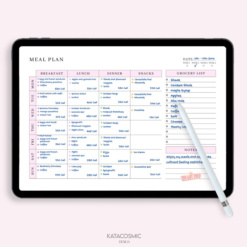 Food Plan Note Meal Planner Printable, Weekly Food Diary, Meal Tracker, Food Journal ...