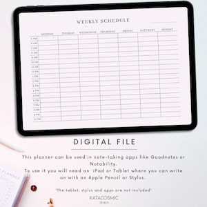 Puede incluir: Una plantilla de planificador semanal digital que se muestra en la pantalla de una tableta. El planificador est&aacute; dise&ntilde;ado para su uso con aplicaciones de toma de notas como Goodnotes y Notability. El planificador incluye una cuadr&iacute;cula con los d&iacute;as de la semana y franjas horarias de 5:00 AM a 10:00 PM.