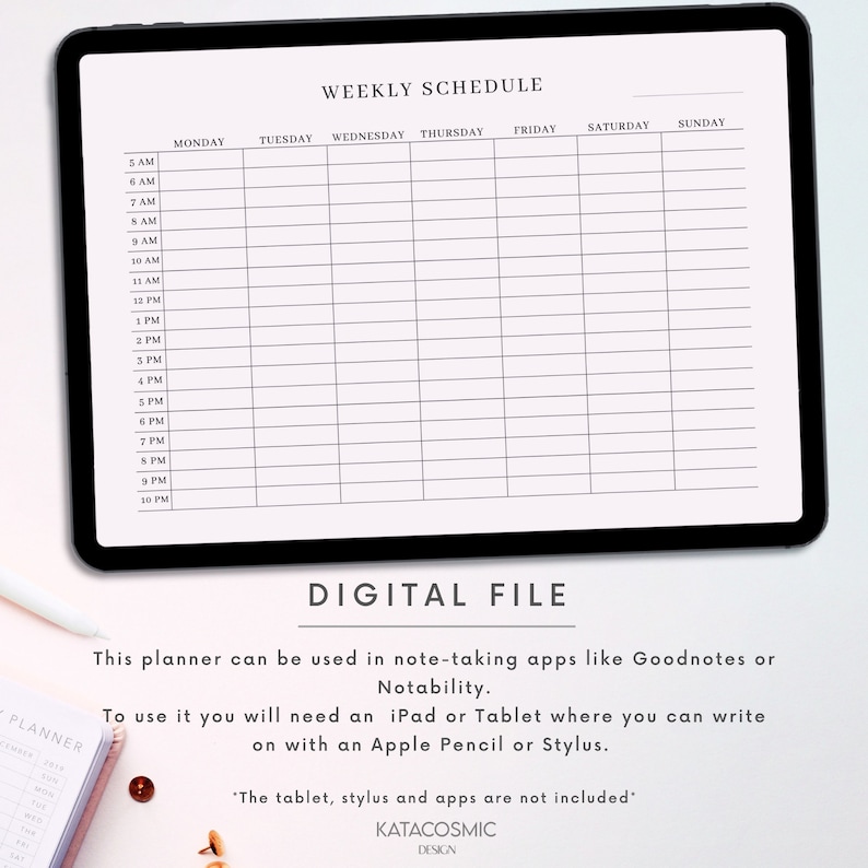 Puede incluir: Una plantilla de planificador semanal digital que se muestra en la pantalla de una tableta. El planificador est&aacute; dise&ntilde;ado para su uso con aplicaciones de toma de notas como Goodnotes y Notability. El planificador incluye una cuadr&iacute;cula con los d&iacute;as de la semana y franjas horarias de 5:00 AM a 10:00 PM.