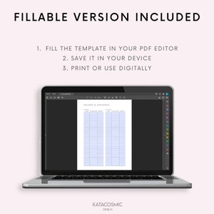 May include: A laptop computer displaying a printable income and expenses tracker. The tracker is divided into two columns, one for income and one for expenses. The text "INCOME & EXPENSES" is at the top of the tracker. The text "FILLABLE VERSION INCLUDED" is at the top of the image. The text "KATACOSMIC DESIGN" is at the bottom of the image.