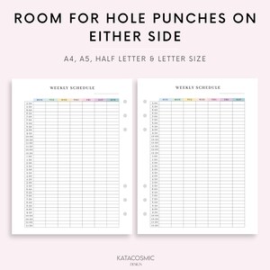 Peut inclure: Deux mod&egrave;les de planning hebdomadaire imprimables avec un sch&eacute;ma de couleurs pastel. Les mod&egrave;les sont con&ccedil;us pour du papier au format A4, A5, demi-lettre et lettre. Les mod&egrave;les ont de la place pour des perforations de trous de chaque c&ocirc;t&eacute;. Le texte "ROOM FOR HOLE PUNCHES ON EITHER SIDE" est en haut de l'image. Le texte "A4, A5, HALF LETTER & LETTER SIZE" est sous la premi&egrave;re ligne de texte. Le texte "WEEKLY SCHEDULE" est en haut de chaque mod&egrave;le. Les jours de la semaine sont list&eacute;s en haut de chaque mod&egrave;le. Les heures sont list&eacute;es sur le c&ocirc;t&eacute; de chaque mod&egrave;le. Les mod&egrave;les sont vierges et pr&ecirc;ts &agrave; &ecirc;tre remplis.