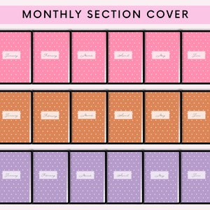 Puede incluir: Un conjunto de seis portadas de planificador digital con un patr&oacute;n de lunares en rosa, naranja y morado. Cada portada tiene un rect&aacute;ngulo blanco con el mes del a&ntilde;o escrito en negro.