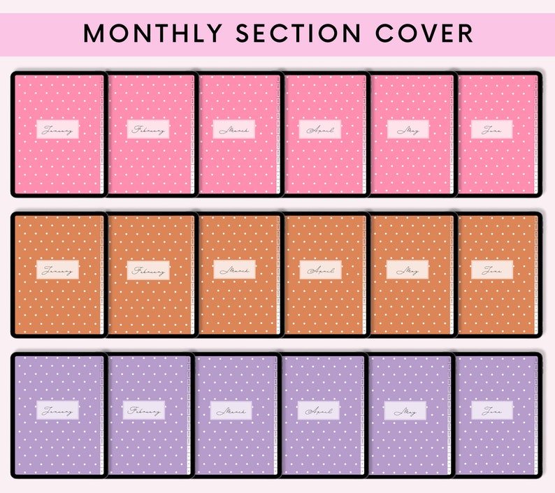 Puede incluir: Un conjunto de seis portadas de planificador digital con un patr&oacute;n de lunares en rosa, naranja y morado. Cada portada tiene un rect&aacute;ngulo blanco con el mes del a&ntilde;o escrito en negro.