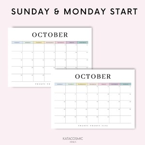 May include: Two printable October calendars with Sunday and Monday as the start of the week. The calendars are in a minimalist style with pastel colored headers for each day of the week.