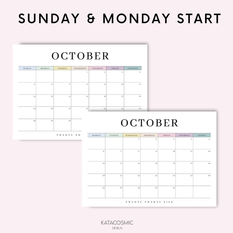 May include: Two printable October calendars with Sunday and Monday as the start of the week. The calendars are in a minimalist style with pastel colored headers for each day of the week.