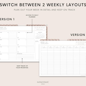 May include: A digital planner with two weekly layout options. Version 1 features a grid layout for each day, while Version 2 offers a detailed schedule. The planner includes the text "SWITCH BETWEEN 2 WEEKLY LAYOUTS" and "PLAN OUT YOUR WEEK IN DETAIL AND KEEP ON TRACK."