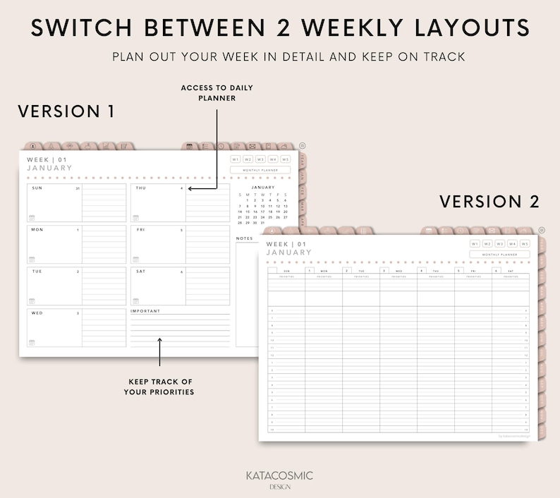May include: A digital planner with two weekly layout options. Version 1 features a grid layout for each day, while Version 2 offers a detailed schedule. The planner includes the text "SWITCH BETWEEN 2 WEEKLY LAYOUTS" and "PLAN OUT YOUR WEEK IN DETAIL AND KEEP ON TRACK."
